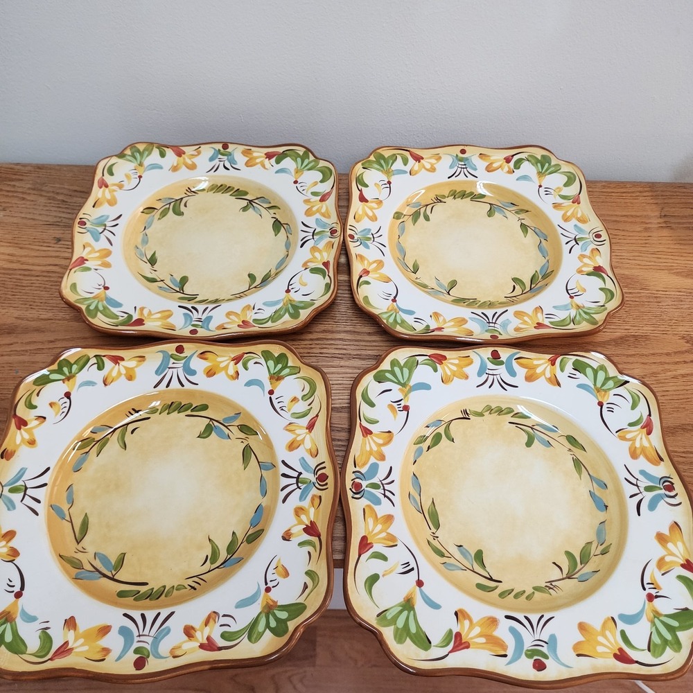 Lot Of 4 Pier 1 Imports Bellanina Square Dinner Plates 10.5" Floral Scalloped